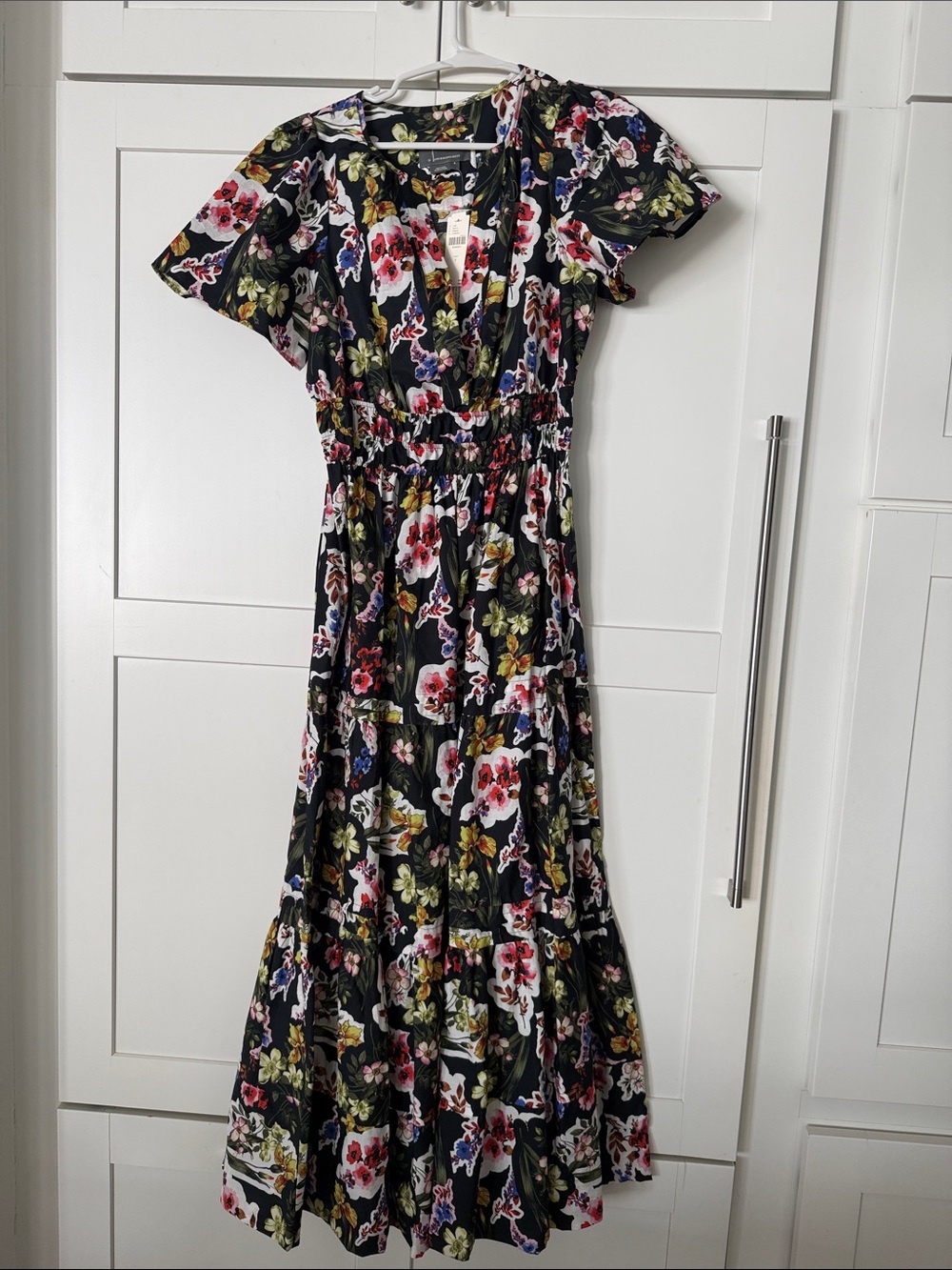 Anthropologie Black Floral Tiered Maxi Dress with Pink Accents